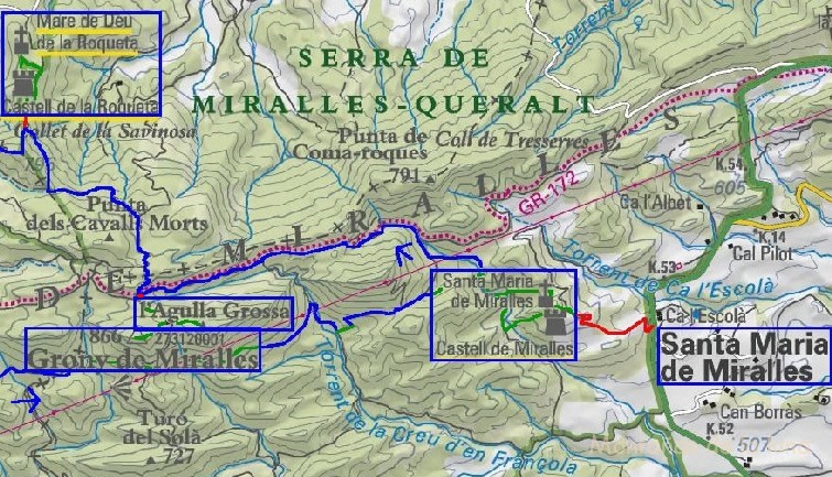 1º parte del croquis del recorrido por la Sierra de Miralles. Linea Roja: camino común de ida y vuelta.